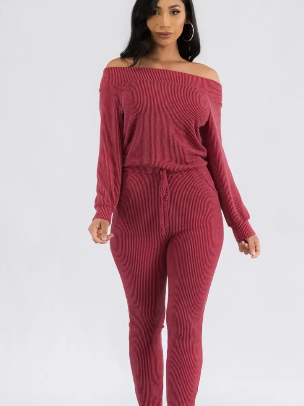 🧡 Rust Ribbed Off-the-Shoulder Long Sleeve Jumpsuit